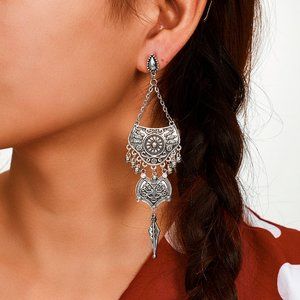 NEW~ Free People Long Silver Shield Earrings